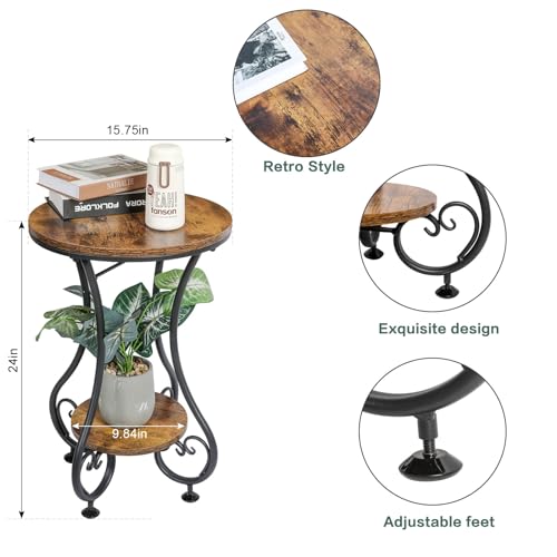 X-cosrack Round End Table, Industrial Retro Round Side Table for Small Spaces, Coffee Table for Living Room Balcony Bedroom Office,Stable Wood and Metal Frame,17.72" L x 17.72" W x 24.22" H