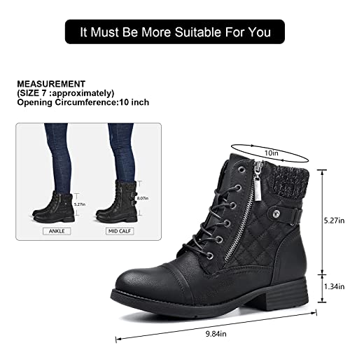 STQ Womens Round Toe Military Lace up Knit Ankle Cuff Low Heel Combat Boots Black 5.5