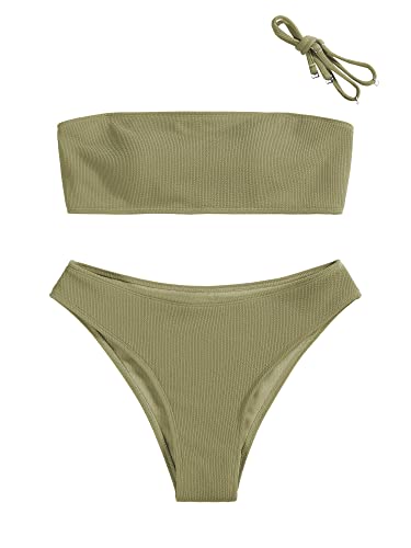 ZAFUL Women Textured Bandeau Bikini Set, Stripe Wave Lace Up Bikini 2 Pieces Swimwear(6-Blue,S)