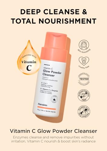 Hanskin Vitamin C Glow Powder Cleanser - Gentle Face Wash for Brightening & Radiant Skin, Papaya Enzyme Powder Facial Cleanser for Dry Skin, Exfoliating & Refreshing Korean Skincare [2.36 fl oz.]