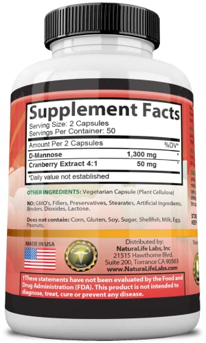 NaturaLife Labs A Higher Standard D-Mannose 1,300 mg with Cranberry Extract Fast-Acting, Flush Impurities, Urinary Tract Health- 100 Veggie Capsules