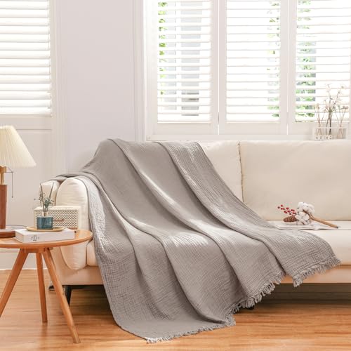 Beoty Lake Muslin Throw Blanket for Adults and Kids, 100% Cotton Throw Blanket for All Season Cozy Soft and Lightweight Fall Blanket 80''×60'' Large Size Thin Blankets for Bedding Couch -(Light Tan)