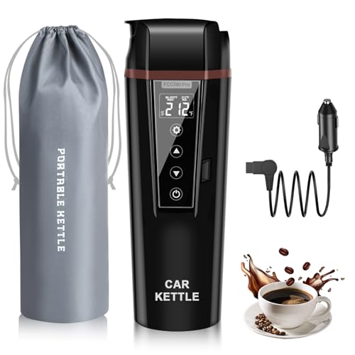 Car Electric Kettle: 12V/24V Portable Water Boiler Heated Travel Mug,Multiple Temperature Adjustable Coffee Tea Truck Cup with 304 Stainless Steel Dry Burn Protection & Handy Cup Bag