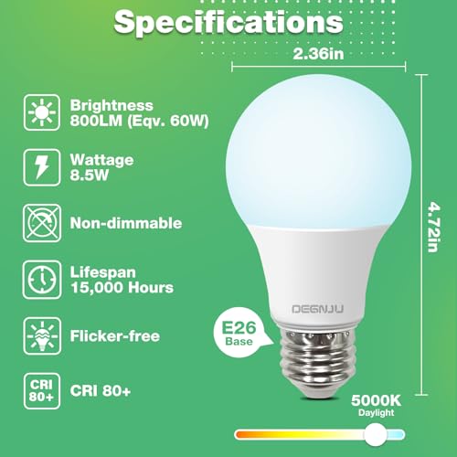 DEGNJU LED Light Bulbs Soft White 2700K, 60 Watt Equivalent LED Bulbs, A19 Standard Bulbs, 800 LM, 15000 Hours, E26 Base, Non-Dimmable, 8.5W White LED Bulbs for Bedroom Living Room, 12 Pack