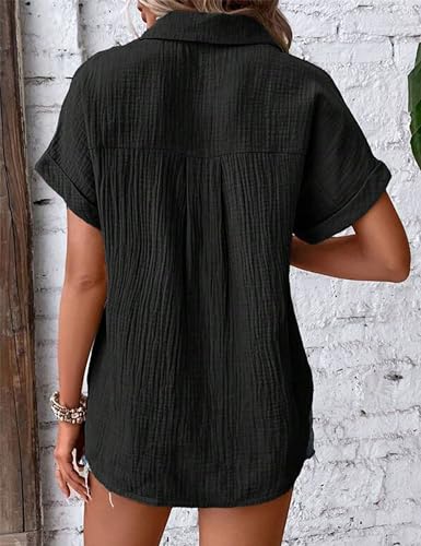 Zontroldy Women's Spring Summer Button Down Shirts Collared V Neck Short Sleeve Blouse Tops(0533-Black-S)