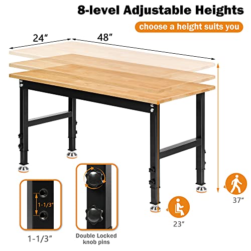 Betterhood 60" Adjustable Workbench for Garage, Rubber Wood Heavy Duty Workstation with Power Outlets & Wheels, 2000 LBS Load Capacity Hardwood Worktable for Workshop, Garage, Office, Home, Commercial