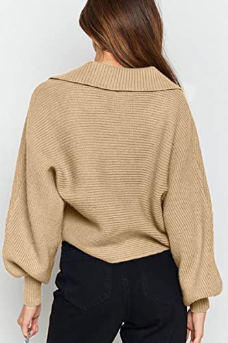 CHYRII Women Casual Overized Puff Long Sleeve V Neck Knitted Polo Pullover Sweater Jumper Tops Lavender M