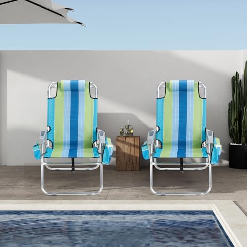 VINGLI Backpack Beach Chair 2 Pack, with 5-Position, Cup Holders, Cooler Bag, Towel Bar, Lightweight Folding Beach Camping Chairs for Adults(Blue-13)