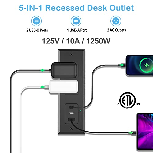 CCCEI Recessed Power Strip with Two USB-C Ports, Fast Charging USB A Port Desk Outlet, Black Furniture Hidden Charging Station for Side Table, End Table, with 6 FT 45 Degree Flat Plug Extension Cord.