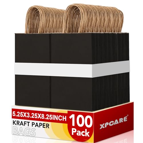 XPCARE 100Pcs Paper Gift Bags 5.25x3.25x8.25'', Small Paper Bags with Handles Bulk, Kraft Paper Bags for Birthday Party Favors, Shopping, Retail（Black）