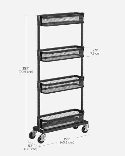 SONGMICS Slim Storage Cart, 4-Tier Metal Rolling Cart with Wheels, Flexible Baskets, Narrow Cart for Kitchen, Bathroom, Laundry Room, Easy Assembly, Black UBSC065B01