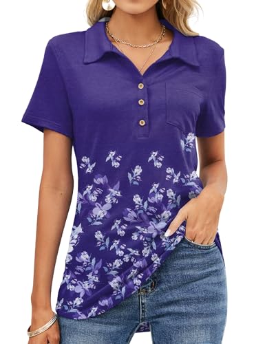 TFSDOD Womens Casual Polo T Shirts V Neck Short Sleeve Button Down Business Casual Tops Loose Work Blouses Floral Apricot Black S