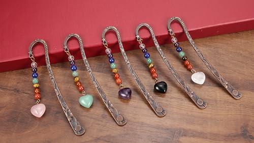 Jovivi Crystal Heart Bookmark for Women Antique Copper Metal Bookmark Natural 7 Chakra Beads Amethyst Healing Stone Vintage Bookmarks for Student Office Birthday Gifts