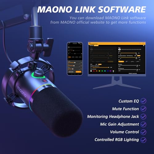 MAONO XLR/USB Dynamic Microphone Kit, RGB Podcast Mic with Software, Mute, Gain Knob, Volume Control, Boom Arm for Streaming, Gaming, Voice-Over, Recording-PD200XS Black