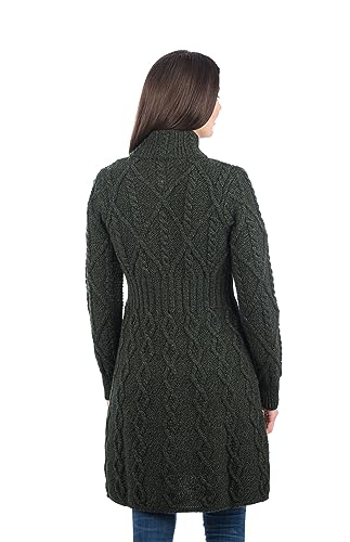 SAOL 100% Merino Wool Aran Cable Long Knit Women Cardigan Coat with Celtic Knot Buttons (Army Green, X-Small)