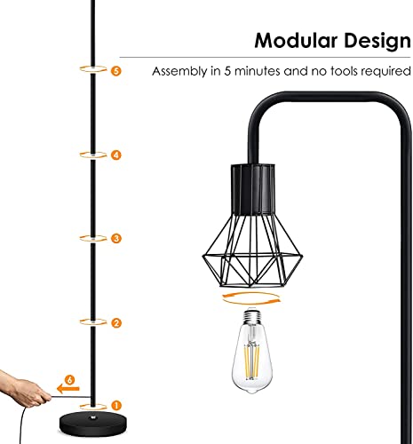 BoostArea Industrial Floor Lamp, Diamond Shape Design, 6W LED Bulb, E26 Socket, On/Off Footswitch, Premium Quality, Safe, Easy Assembly, Modern Style, Black
