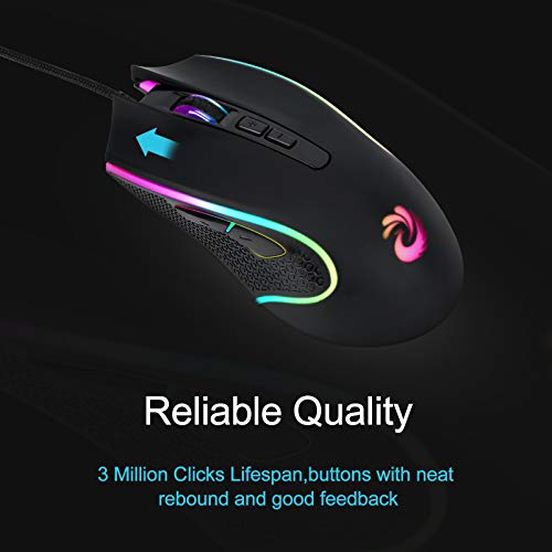 aMZCaSE Wired Mouse - Black, USB, 7200 DPI, 4 Lighting Mode, Plug and Play, Ergonomic Design, Compatible with Windows/Mac