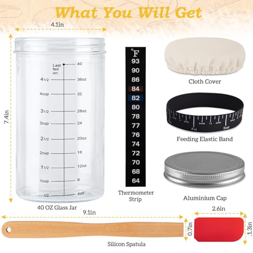 10 PCS Sourdough Starter Jar Kit Replacement Set with Scraper, Cloth Cover, Temperature Strip, Feeding Date Band, and Cleaning Brush - Upgrade Your Jar, Suitable for Jars with Diameter 3.15-4.50 inch