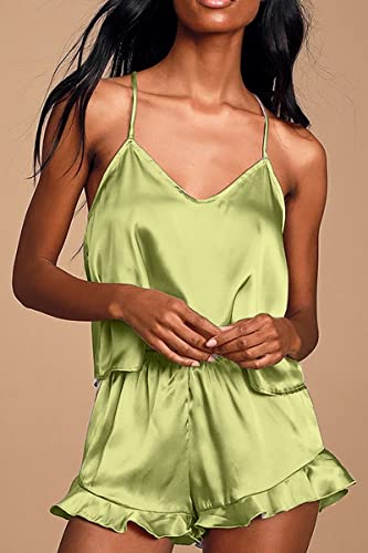 CHYRII Women's Sexy Silk Satin PJS Racerback Cami Tops and Ruffled Hem Shorts 2 PCS Pajamas Sets Nightwear Red S