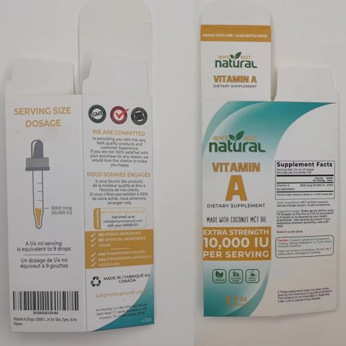 Why Not Natural Vitamin A drops 10000 IU - liquid retinyl palmitate with coconut MCT oil, vegan micellized vit A supplement for skin, acne - 1 oz sublingual tincture