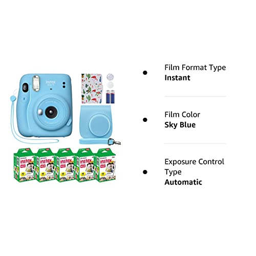 Fujifilm Instax Mini 11 Instant Camera Sky Blue + Custom Case Fuji Film Value Pack (50 Sheets) Flamingo Designer Photo Album for instax Photos