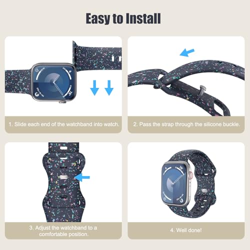 MoKo Watch Strap Compatible with Apple Watch Series 9 8 7 6 5 4 3 2 1 SE 38/40/41mm, Colorful Flakes Pattern Silicone Band Replacement Sport Wristband, Dark Blue