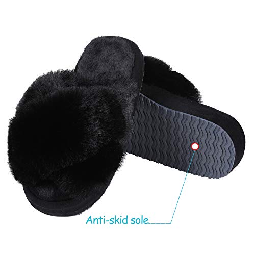 Girl's Soft Plush Lightweight House Slippers Non Slip Cross Band Slip on Open Toe Cozy Indoor Outdoor Slippers BK30 Black