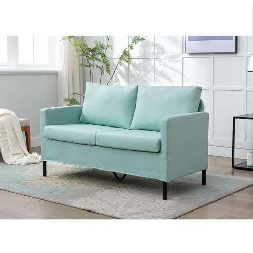 TYBOATLE 51" W Linen Fabric Upholstered Modern Loveseat Sofa Couch for Living Room, Love Seats 2-Seater Furniture w/Iron Legs for Compact Space, Apartment, Bedroom, Dorm, Office, Aqua Blue