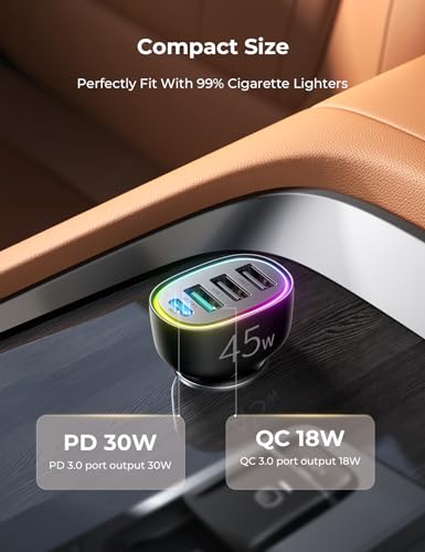 USB C Car Charger, 45W 4 Ports Super Fast Car Charger Adapter, PD3.0 & QC3.0 30W Type C Car Charger Compatible with iPhone 15/14/13/12/11, Samsung Galaxy S24 Ultra/S23, Cigarette Lighter USB Charger