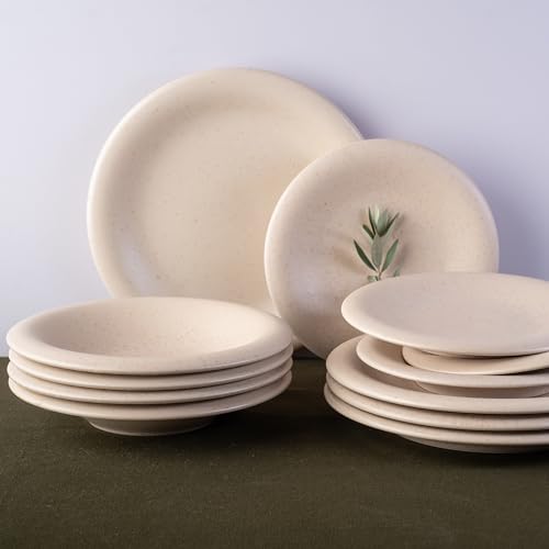 Porto by Stone Lain Aro 12-Piece Premium Kitchen & Dining Dinnerware Set Stoneware, Cream Matte, Crafted in Portugal, Dishwasher and Microwave Safe Scratch-Resistant Dish Set for 4