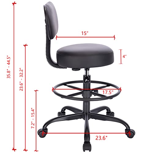 SUPERJARE Drafting Chair with Back, Adjustable Foot Rest Rolling Stool, Multi-Purpose Office Desk Chair, Thick Seat Cushion for Home Bar Kitchen Shop - All Black