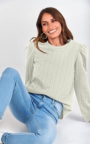 PRETTYGARDEN Fall Outfits Women Trendy Puff Sleeve Sweatshirts Crewneck Twist Texture 2024 Warm Winter Pullover Tops (Apricot,S)