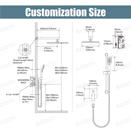 Aolemi Brushed Nickel Shower System 10 Inch Wall Mount Rainfall Shower Head with Slid Bar 3 Functions ABS Handheld Spray Rough-in Valve and Shower Trim Included Bathroom Shower Faucet Mixer