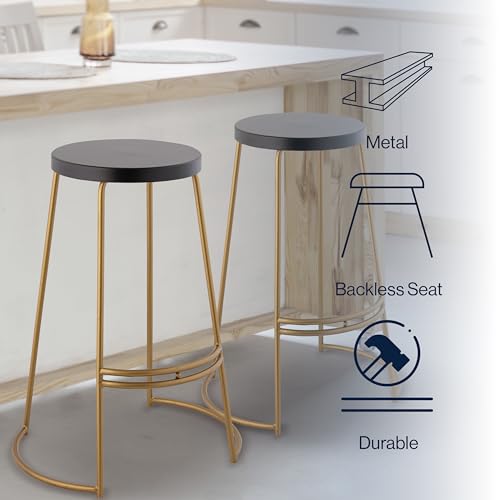 JONATHAN Y BSL1001A Hula 28.75" Modern Designer Iron Curved Backless Bar Stool for Home, Kitchen, Dining Room, Workspaces, Cafes and Resturants, Black Seat with Gold Frame