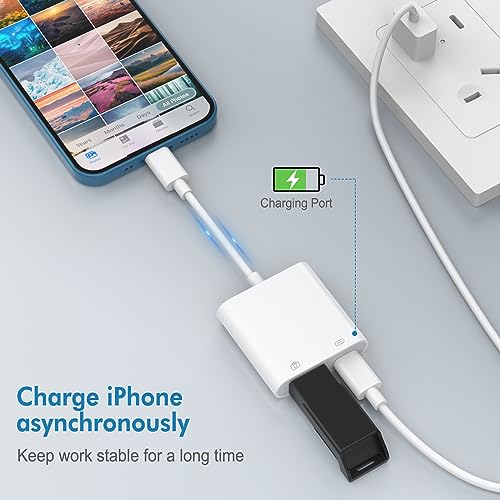 Lightning to USB Camera Adapter with Charging Port, USB Female OTG Adapter for iPhone iPad Models Support Connect Camera, Card Reader, USB Flash Drive, MIDI Keyboard Plug and Play