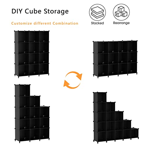 AWTATOS Cube Storage Organizer Storage 12 Cube Bookshelf DIY Plastic Closet Storage Shelves with Wooden Mallet, Ideal Storage Solution for Home, Bedroom, Black