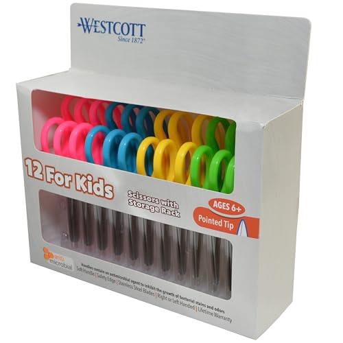 Westcott 5’’ Pointed Safety Scissors For Kids, Assorted, Pack of 12 (14872)