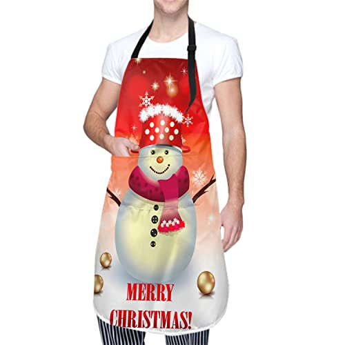 Giwawa Merry Christmas Apron with Pockets - Women Christmas Snowman Aprons Welcome Winter Kitchen Bib Snow Snowflake Chef Aprons Cooking Baking Grilling Aprons Holiday Red White