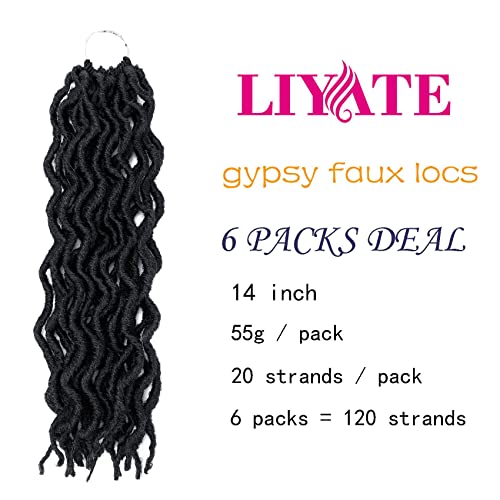 14 Inch Goddess Faux locs Crochet Hair 6 Packs/Lot Soft Gypsy Locs Wavy Crochet Braids Dreadlocks 3 Tone Curly Wavy Twist Braiding Hair Extensions African Roots Braid（#1B)