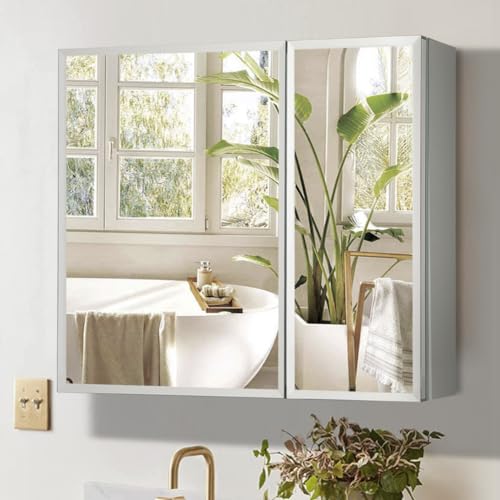 Double Doors Medicine Cabinet with Mirror, 30 inch X 26 inch Aluminum Bathroom Medicine Cabinet, Adjustable Glass Shelves, Waterproof and Rust-Resist, Recess or Surface Mount Installation,Silver