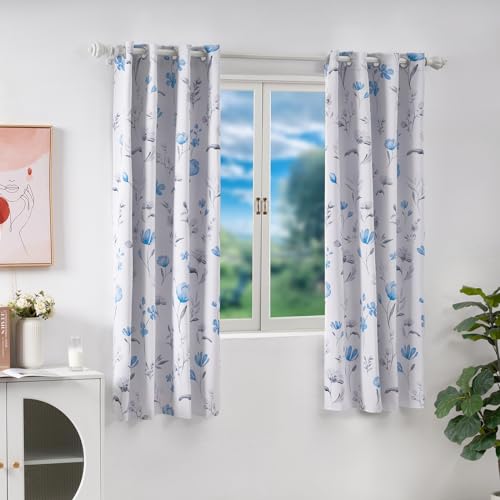 CHICNOOK Teal Floral Curtains for Living Room 63 Inch Length, Teal Flower Curtains, Watercolor Curtains with Grommets, Blackout Curtains for Bedroom and Bathroom,Size 52x63 Inch,2 Panels,Teal & Gray