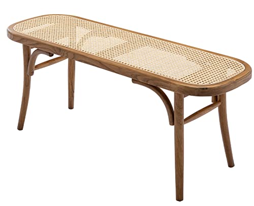 Kmax Upholstered Bench Wicker Rattan Entryway Bench Rustic Solid Wood 45 Inch for Living Room/Bedroom/Hallway