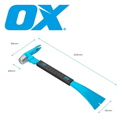 OX Tools 10" Molding Bar Cats Paw Nail Puller Tool with Wide Chisel Blade - Non-Slip Grip Multi-Purpose Beveled Claw with Hammer Head - Multi-use Mini Pry Bar for Trim and Nail Removal OX-P083110
