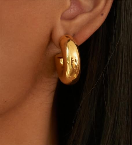 Tituthia Chunky Gold Hoop Earrings for Women, Trendy Simple 14K Gold Plated Thick Large Gold Hoop Earring for Women Hypoallergenic Lightweight Open Big Hoops Earrings Trendy Gold Jewelry Women