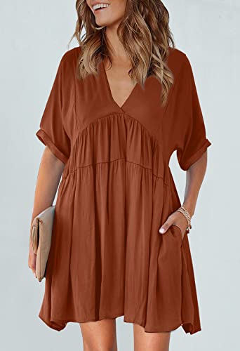 HUUSA Womens Summer Cute Babydoll Swing Flowy Tunic Dress 2023 V Neck Short Sleeve Casual Loose Solid Color Fashion Mini Shift Dresses XLarge Brown