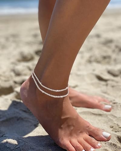 koperin Ankle Bracelets for Women, Silver Layered Glitter Waterproof Anklet for Women 14K Gold Plated Anklets Sterling Silver Layered Moon Pendant Anklet Summer Beach Waterproof Jewelry