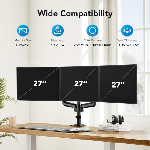 HUANUO Triple Monitor Mount for 13-27 inch Computer Screens, Triple Monitor Stand with Gas Springcore Arm Holds 17.6lbs, 3 Monitor Stand Desk Mount with Tilt, Swivel, Rotation, VESA 75x75, 100x100mm