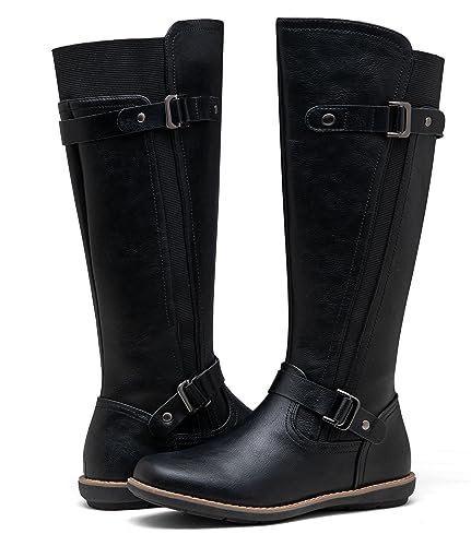 Jeossy Women's 9656 Knee-High Boots Black Fashion Riding Boots with Buckle Size 6 (DJY9656 black 06)