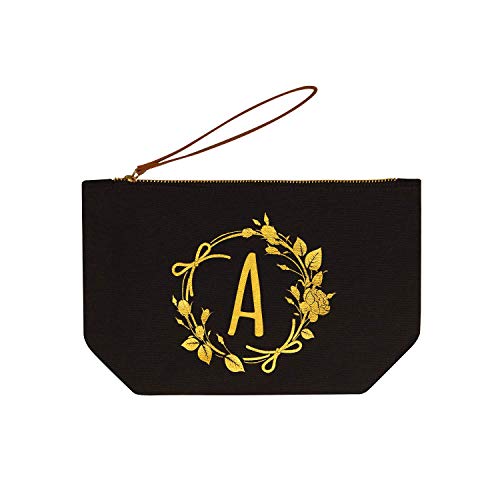 ELEGANTPARK Personalized Birthday Gifts for Her Women Mom Friend Teacher Appreciation Gifts for Women Present Monogrammed Gifts for Bridesmaid Bride Wedding Black Canvas Cosmetic Bag Pouch Letter N