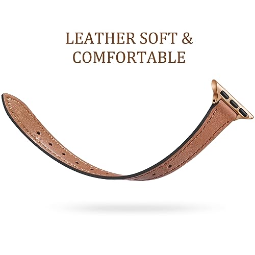 Charlam Slim Leather Band Compatible with Apple Watch Band 40mm 38mm 41mm 42mm 44mm 45mm 46mm Women,Top Grain Genuine Leather Strap Thin Wristband for iWatch Series 10 9 8 7 6 5 4 3 2 1 SE Ultra,Camel